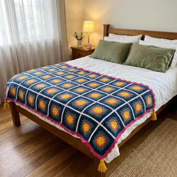 Bold Flower Navy Granny Square Bed Cover Crochet Pattern