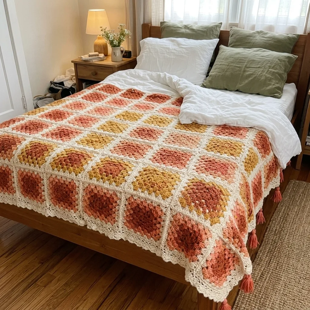Sunset Ombre Granny Square Bed Cover Crochet Pattern