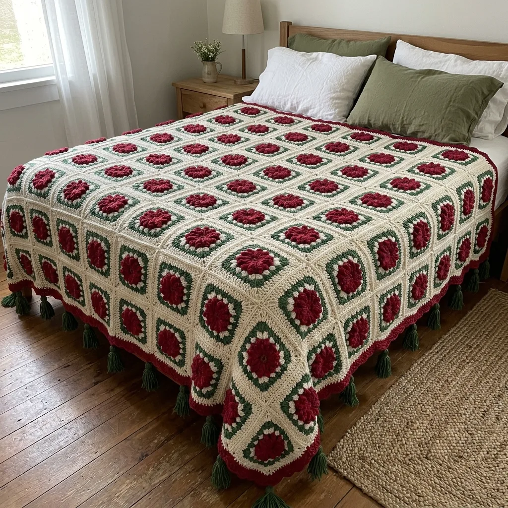 Poinsettia Granny Square Bed Cover Crochet Pattern