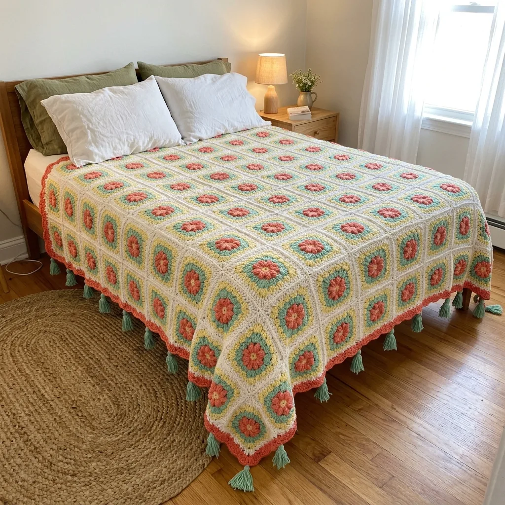 Coral Garden Granny Square Bed Cover Crochet Pattern
