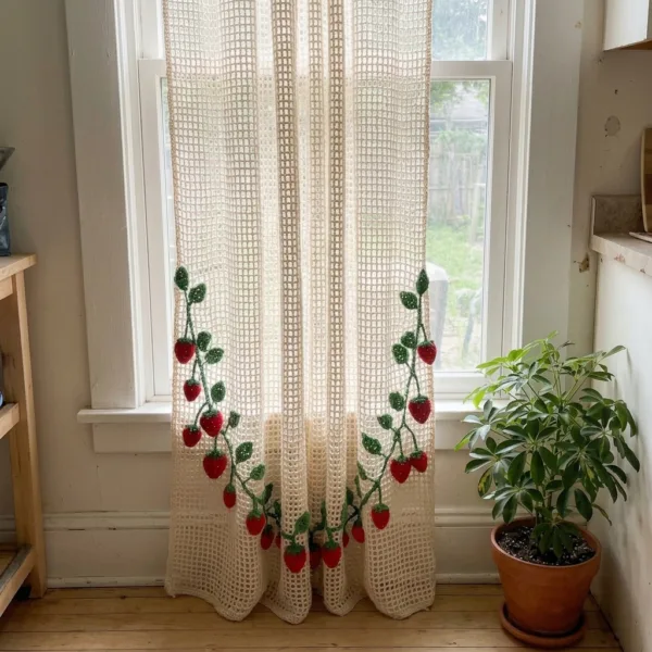 Strawberry and Leaf Filet Curtain Panel Crochet Pattern