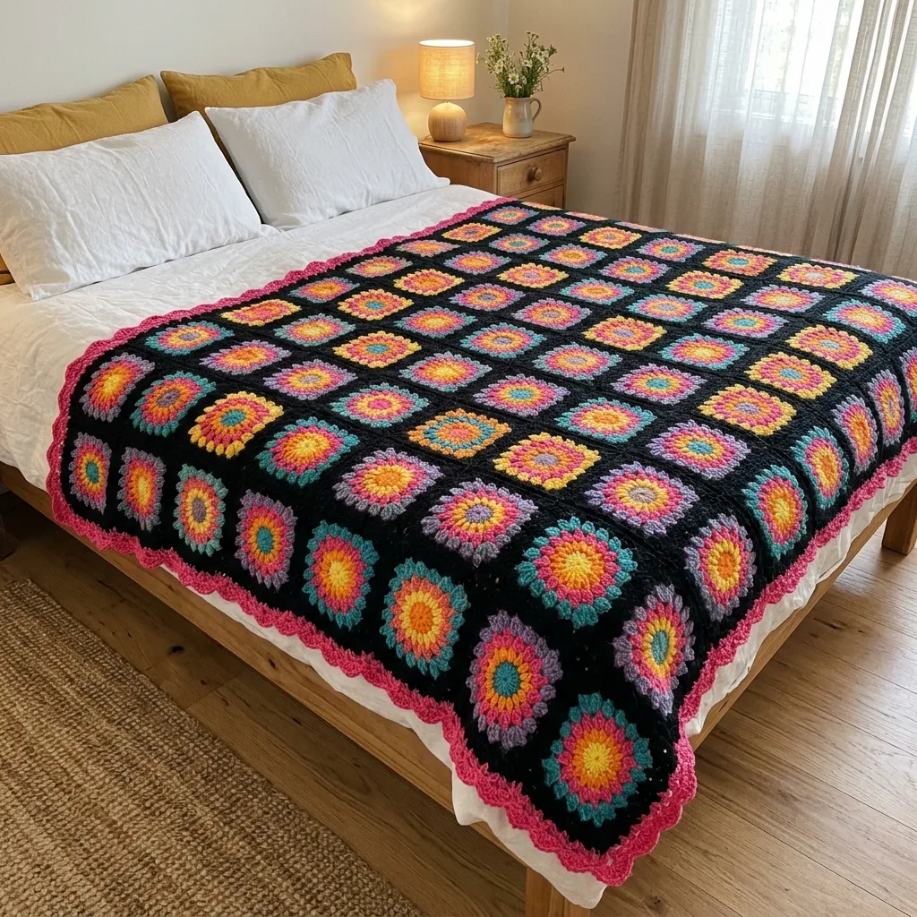 Rainbow Sunburst Granny Square Bed Cover Crochet Pattern