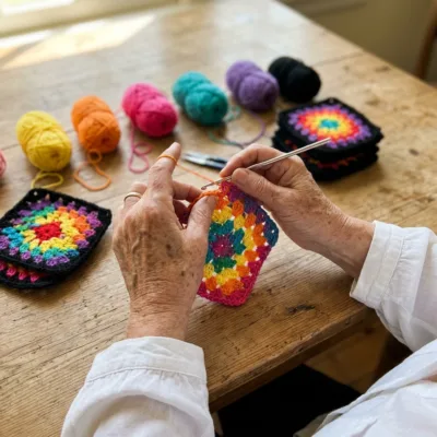 Rainbow Sunburst Granny Square Bed Cover Crochet Pattern step 1 - construction progress