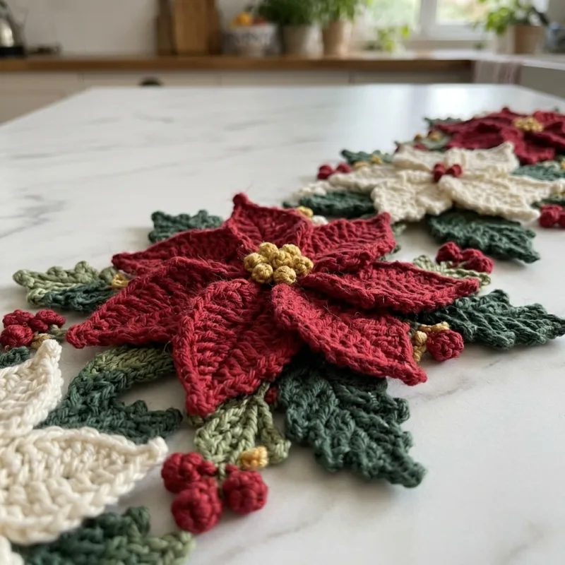 Red and White Poinsettia Table Runner Crochet Pattern step detail