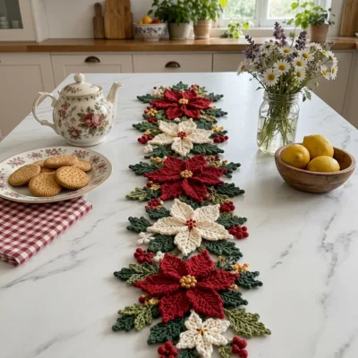 Red and White Poinsettia Table Runner Crochet Pattern - finished amigurumi