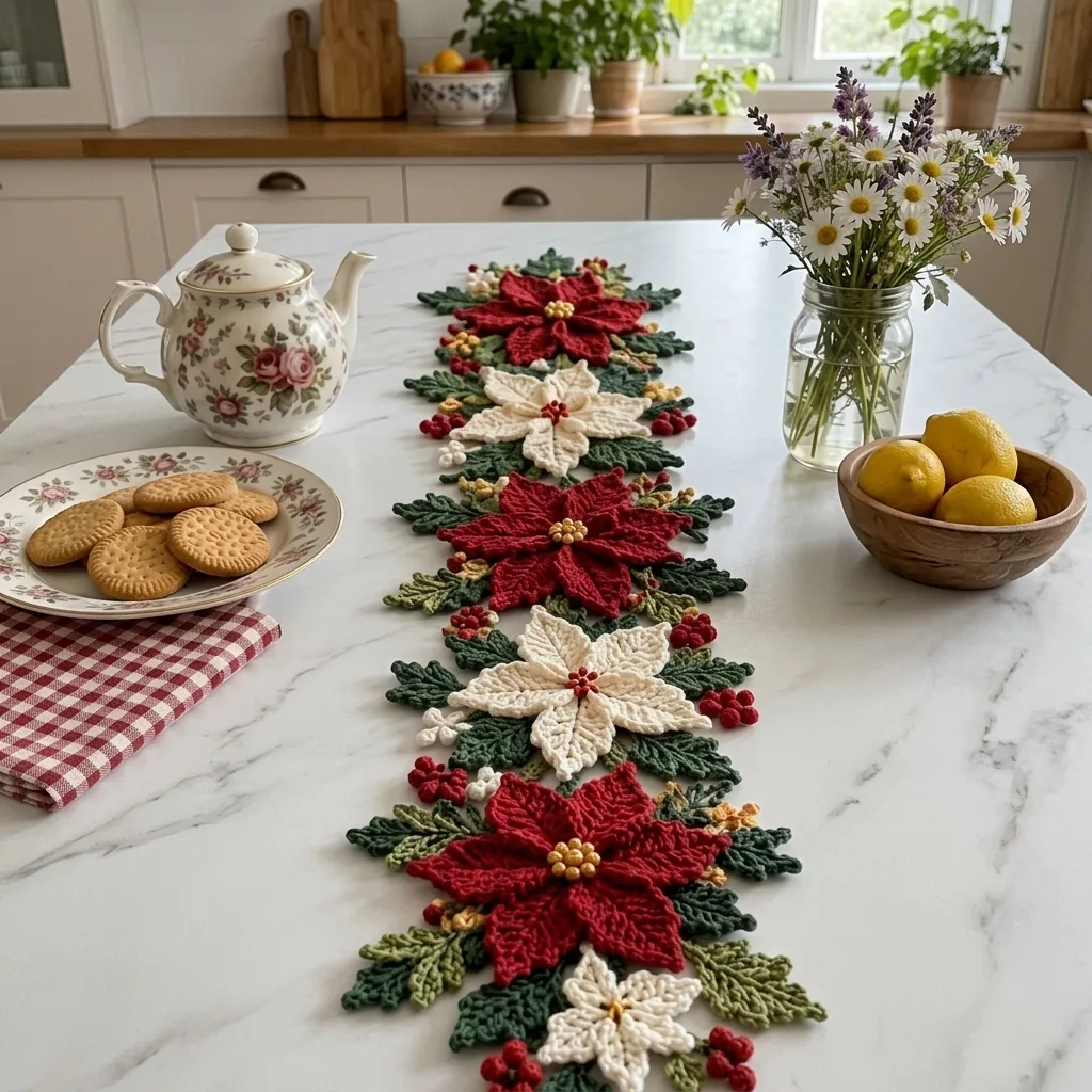 Red and White Poinsettia Table Runner Crochet Pattern