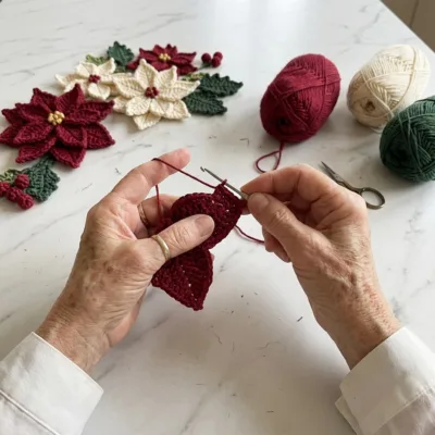 Red and White Poinsettia Table Runner Crochet Pattern step 1 - construction progress