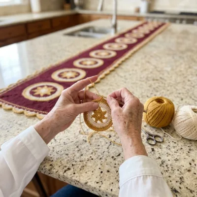 Gold Star Burgundy Table Runner Crochet Pattern step 1 - construction progress