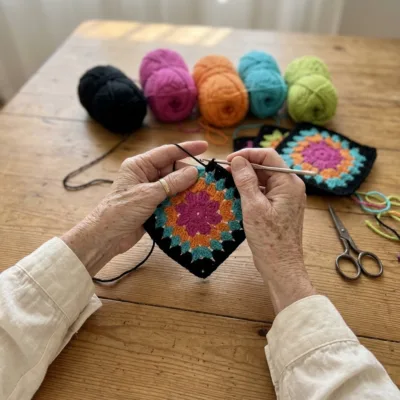 Neon Flower Black Granny Square Bed Cover Crochet Pattern step 1 - construction progress