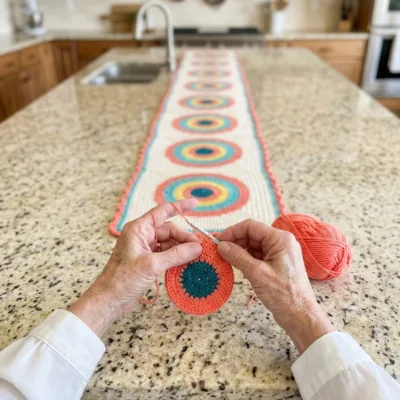 Coral and Turquoise Mandala Table Runner Crochet Pattern step 1 - construction progress