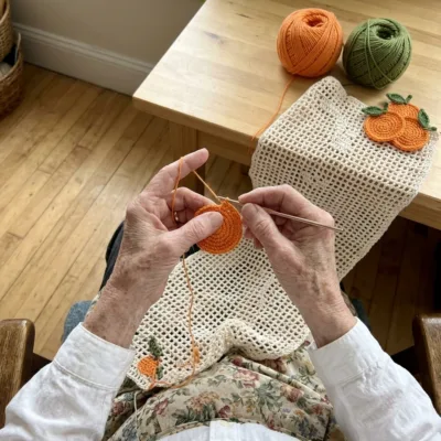 Tangerine and Leaf Filet Curtain Panel Crochet Pattern step 1 - construction progress