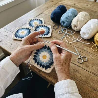 Blue Daisy Granny Square Bed Cover Crochet Pattern step 1 - construction progress