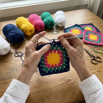 Bold Flower Navy Granny Square Bed Cover Crochet Pattern step 1 - construction progress