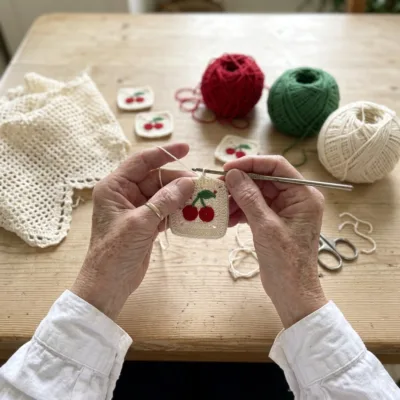 Cherry and Leaf Filet Curtain Panel Crochet Pattern step 1 - construction progress