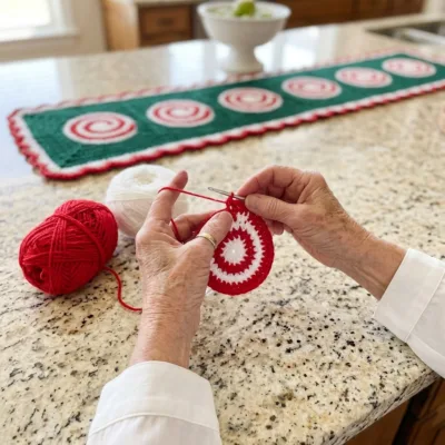 Peppermint Swirl Table Runner Crochet Pattern step 1 - construction progress