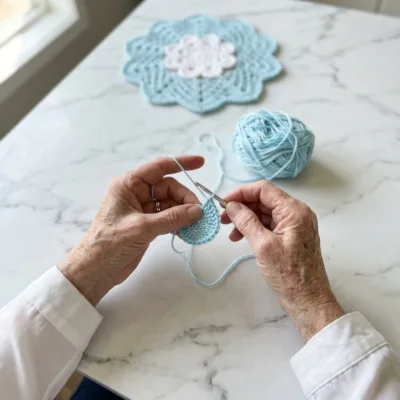 Frosted Snowflake Placemat and Napkin Ring Set Crochet Pattern step 1 - construction progress