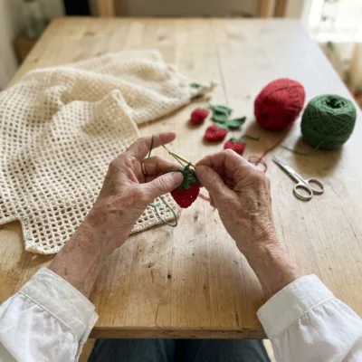Strawberry and Leaf Filet Curtain Panel Crochet Pattern step 1 - construction progress