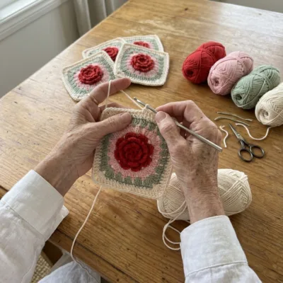Red Rose Garden Granny Square Bed Cover Crochet Pattern step 1 - construction progress