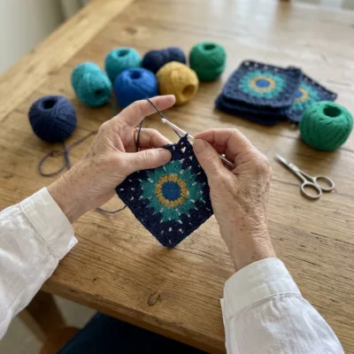 Peacock Feather Granny Square Bed Cover Crochet Pattern step 1 - construction progress