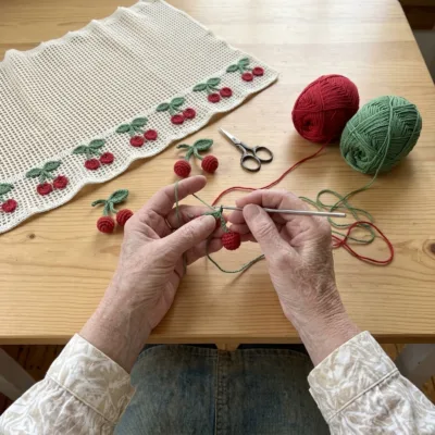 Cherry and Leaf Filet Curtain Panel Crochet Pattern step 1 - construction progress