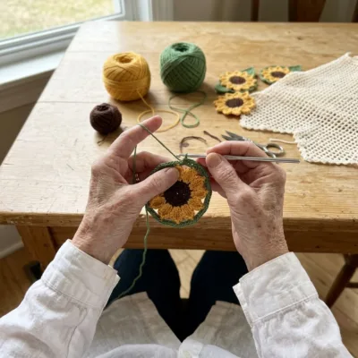 Sunflower Meadow Filet Curtain Panel Crochet Pattern step 1 - construction progress