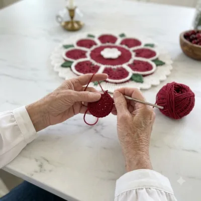 Cranberry Snowflake Placemat and Napkin Ring Set Crochet Pattern step 1 - construction progress