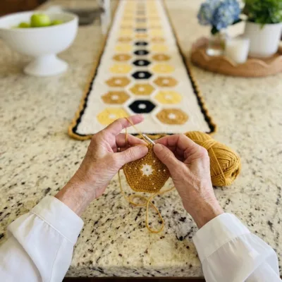 Golden Honeycomb Table Runner Crochet Pattern step 1 - construction progress