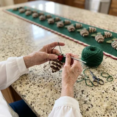 Pine Cone and Cranberry Table Runner Crochet Pattern step 1 - construction progress