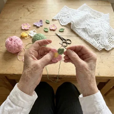 Pink Blossom and Butterfly Strand Window Valance Crochet Pattern step 1 - construction progress