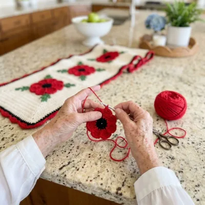 Red Poppy Field Table Runner Crochet Pattern step 1 - construction progress