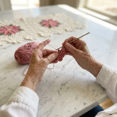 Pink Poinsettia Snowflake Table Runner Crochet Pattern step 1 - construction progress