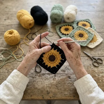 Sunflower Black Granny Square Bed Cover Crochet Pattern step 1 - construction progress