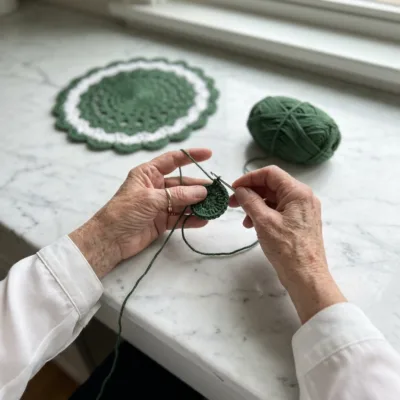 Holly Berry Wreath Placemat and Napkin Ring Set Crochet Pattern step 1 - construction progress