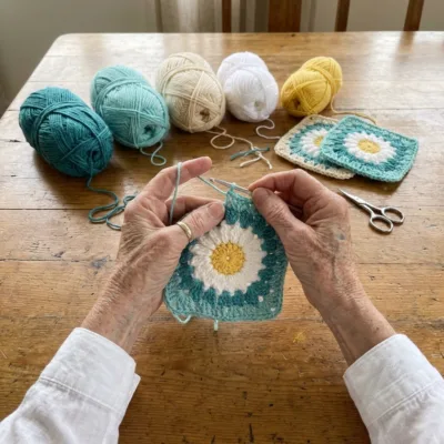 Teal Daisy Granny Square Bed Cover Crochet Pattern step 1 - construction progress