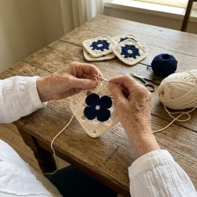Navy Flower Granny Square Bed Cover Crochet Pattern step 1 - construction progress