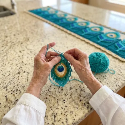 Teal Peacock Feather Table Runner Crochet Pattern step 1 - construction progress