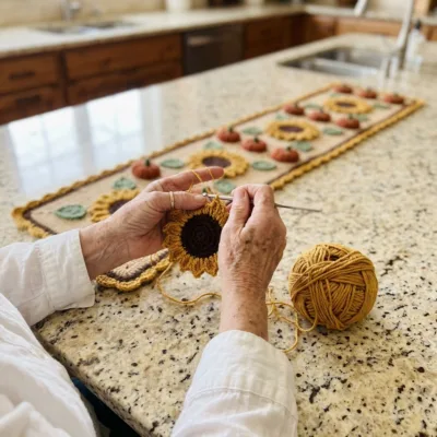Pumpkin and Sunflower Harvest Table Runner Crochet Pattern step 1 - construction progress