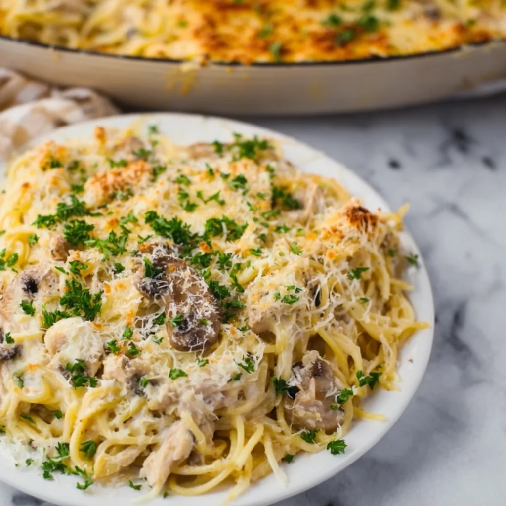 Cheesy Leftover Turkey Tetrazzini Bake