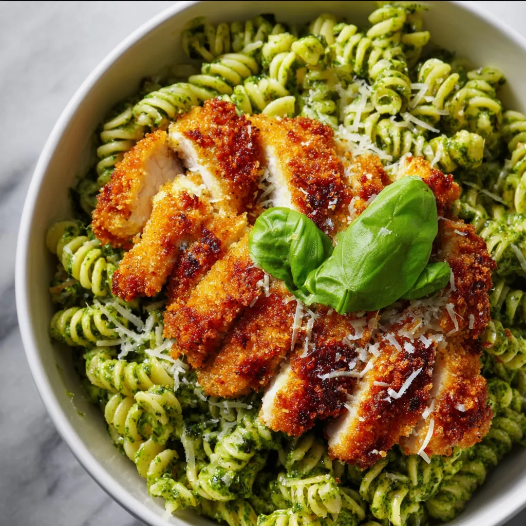 Basil Pesto Pasta with Parmesan-Crusted Chicken