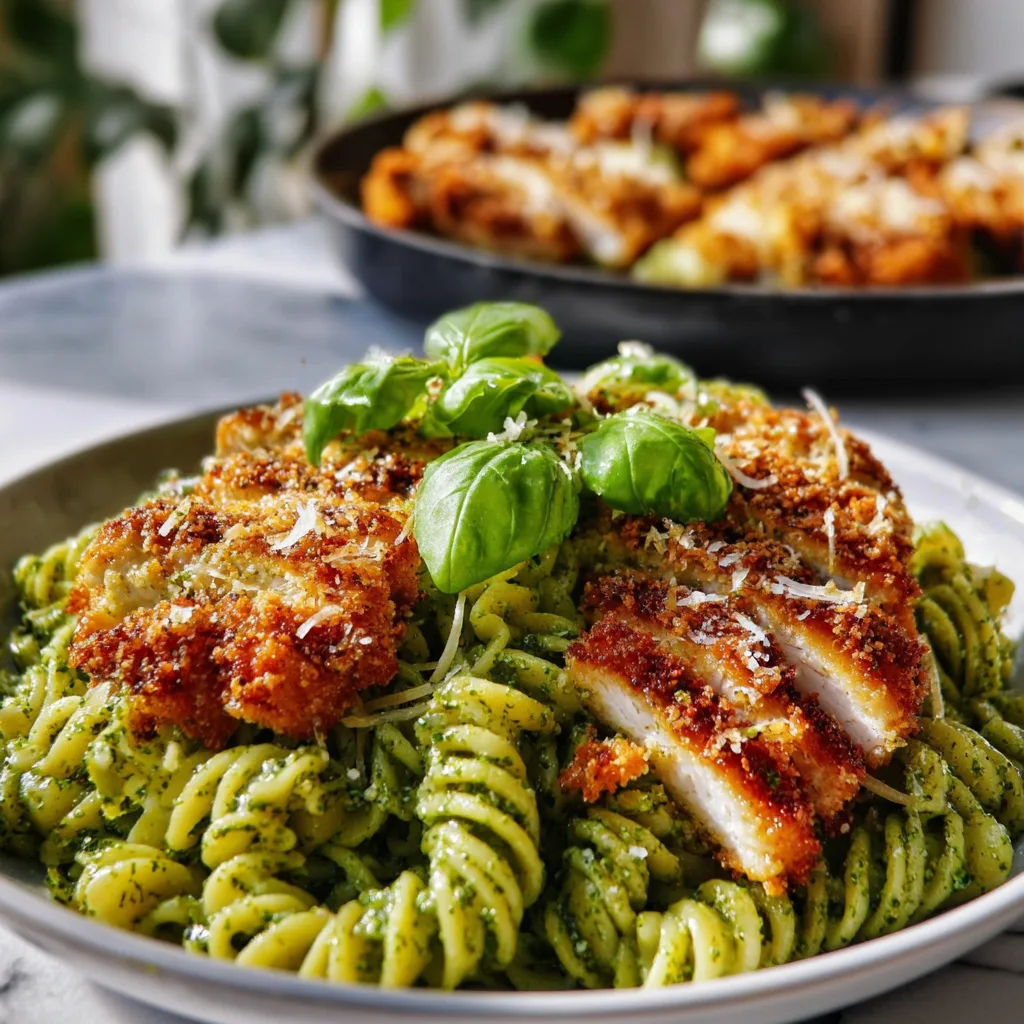 Basil Pesto Pasta with Parmesan-Crusted Chicken