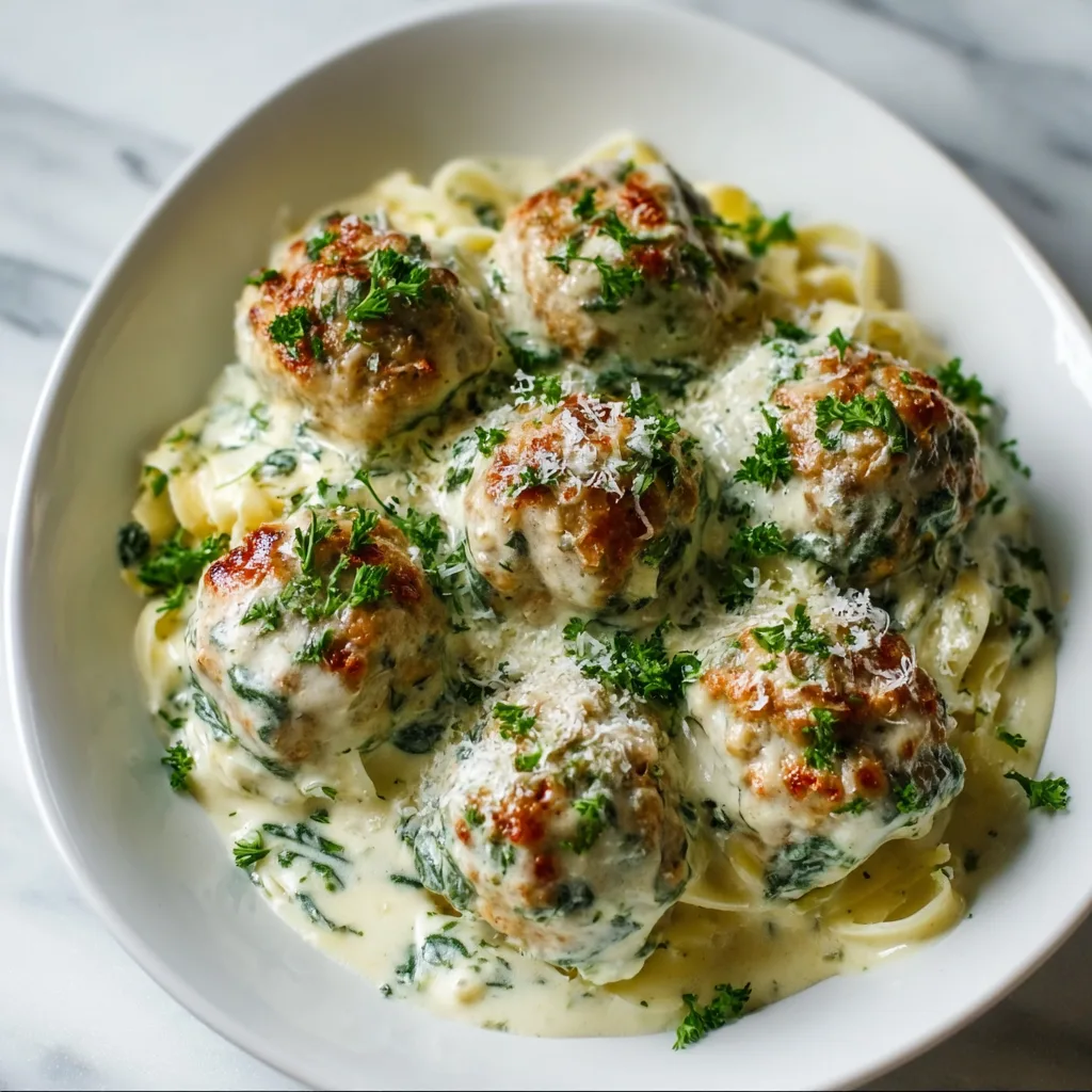 Cajun Chicken Ricotta Meatballs in Spinach Alfredo