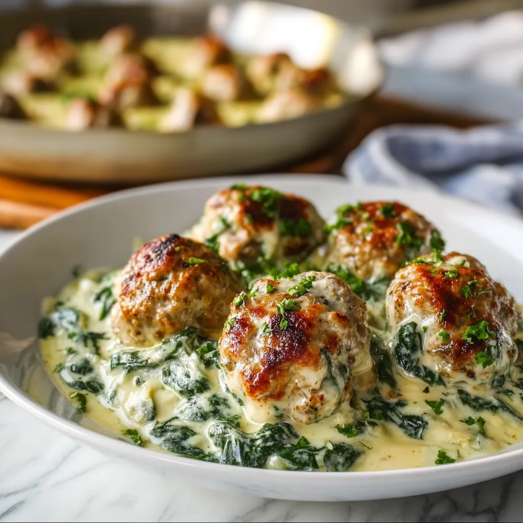 Cajun Chicken Ricotta Meatballs in Spinach Alfredo