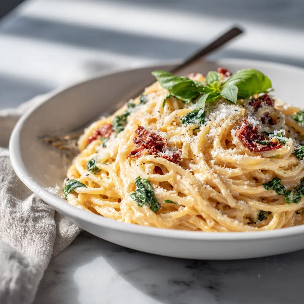 20-Minute Sun-Dried Tomato Spinach Spaghetti