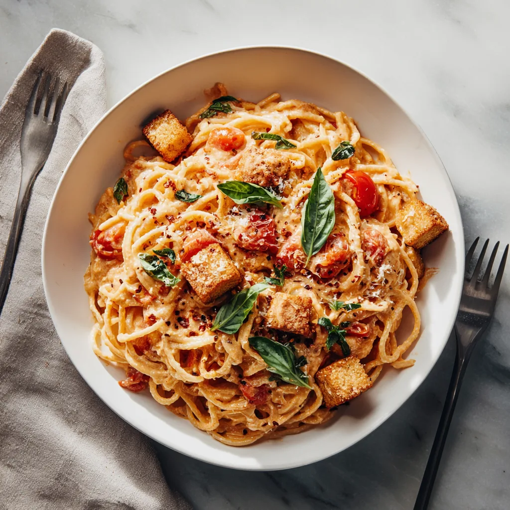Creamy Sun-Dried Tomato Pasta with Crispy Tofu